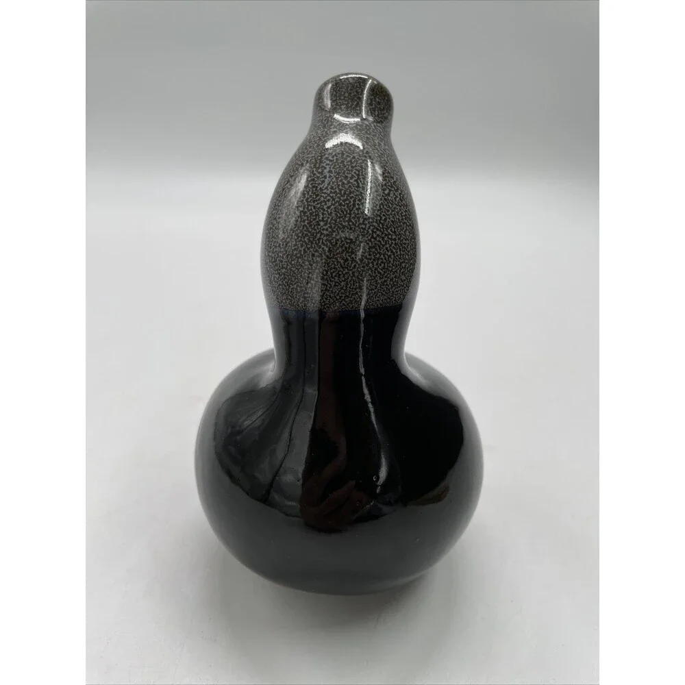 Pottery Ceramic Black Two Tone Speckle Bud Vase with Cute Green Frog 5”